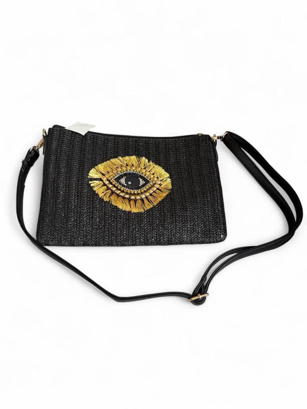 Lucré Black Straw Crossbody Bag with Gold Embellished Eye